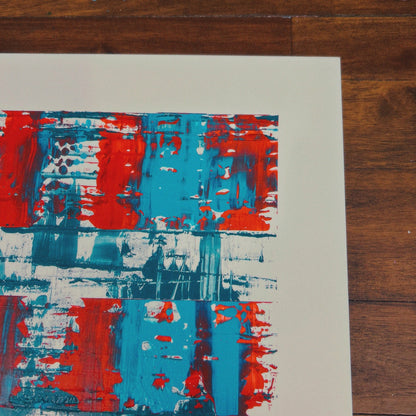 Abstract art print with red and blue patterns